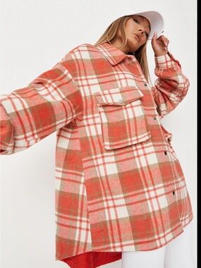 Missguided Plus Coral & Cream Plaid Oversized Utility Shacket